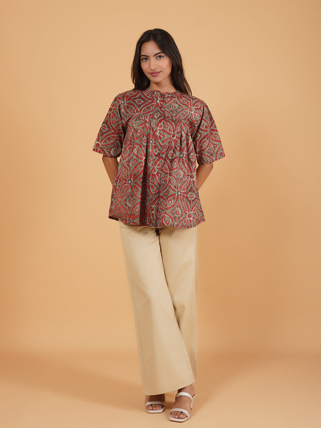 Maroon Printed Flared Cotton Top