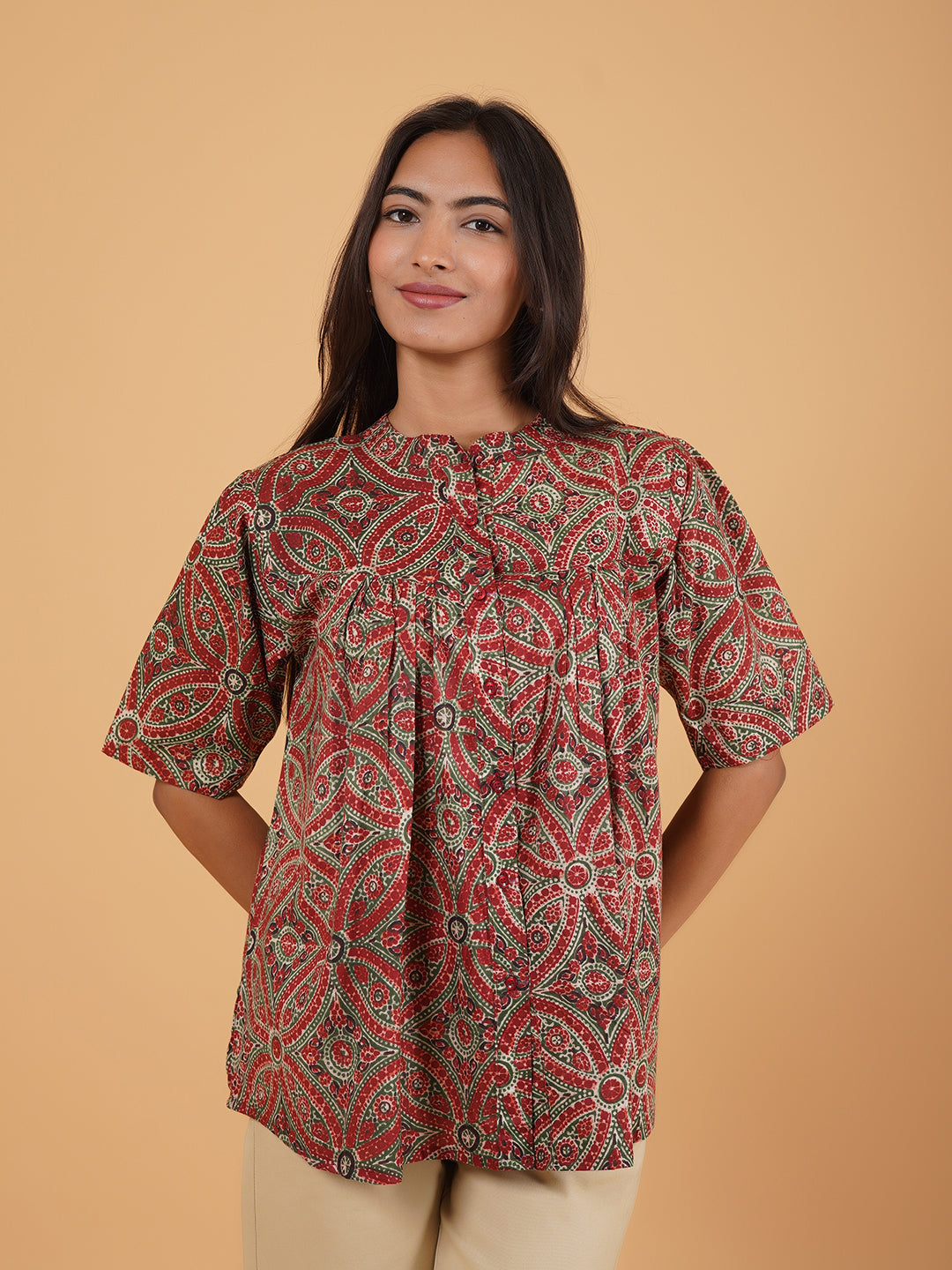 Maroon Printed Flared Cotton Top