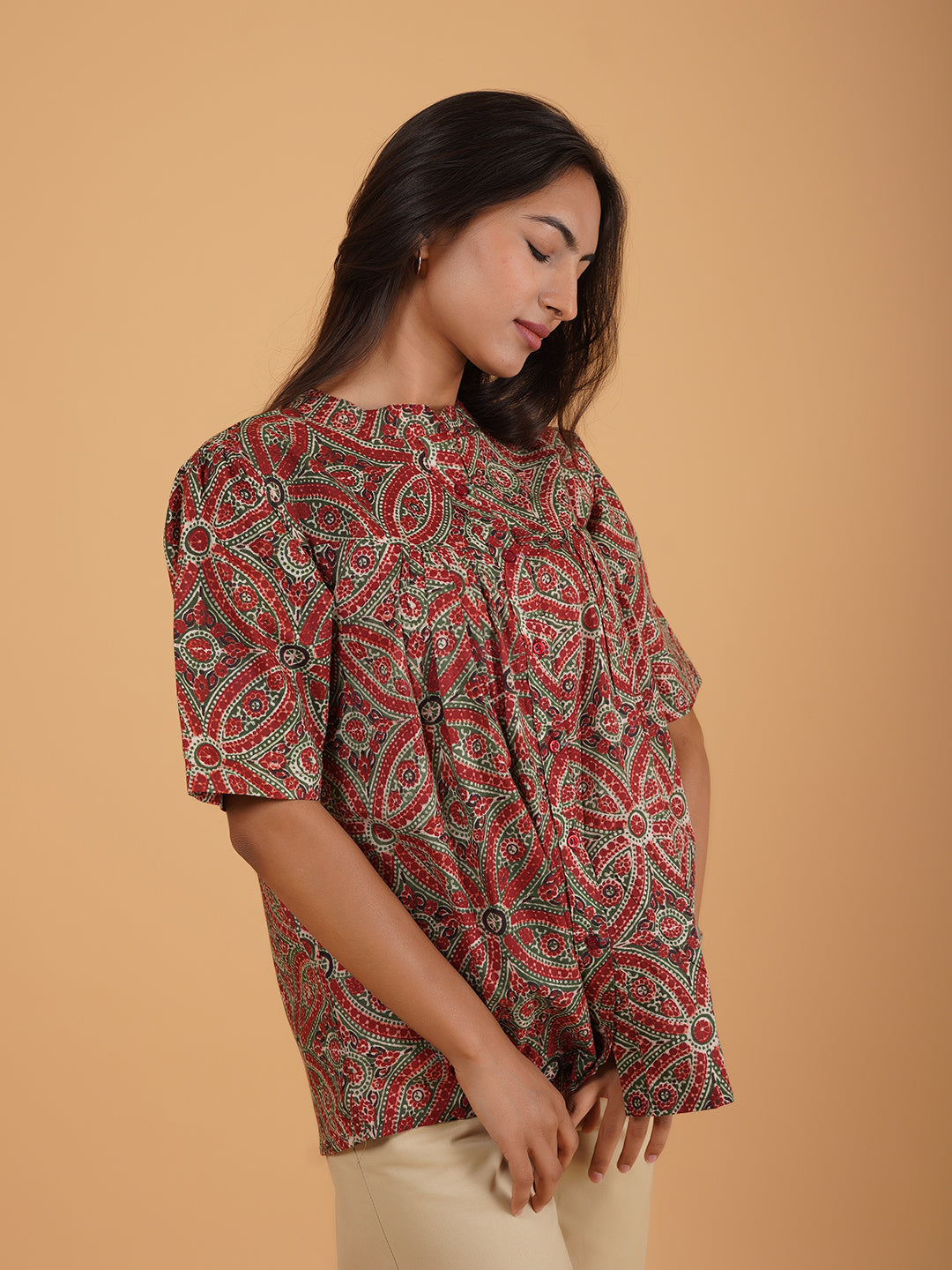 Maroon Printed Flared Cotton Top