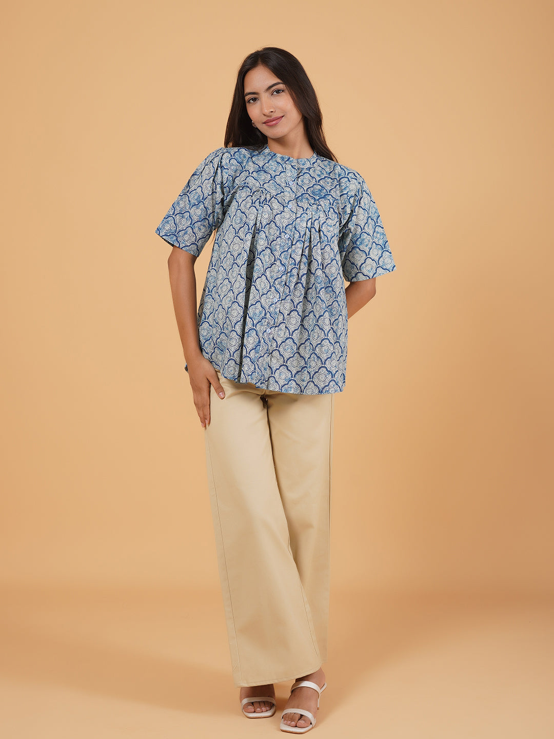 Light Blue Printed Flared Cotton Top