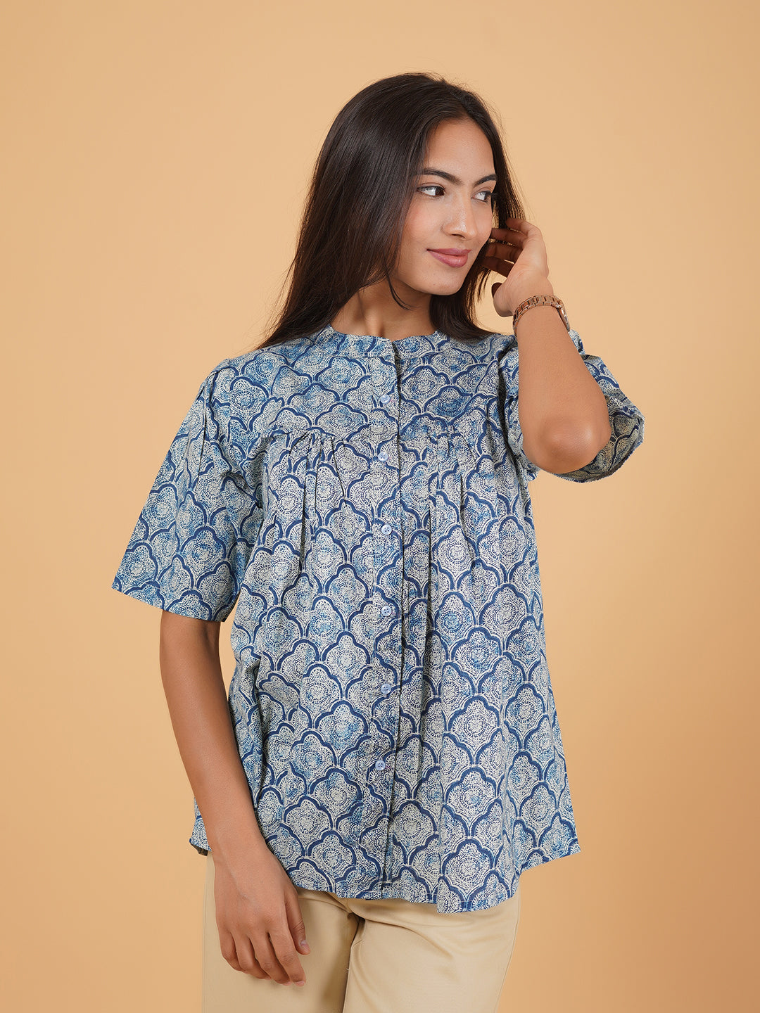 Light Blue Printed Flared Cotton Top