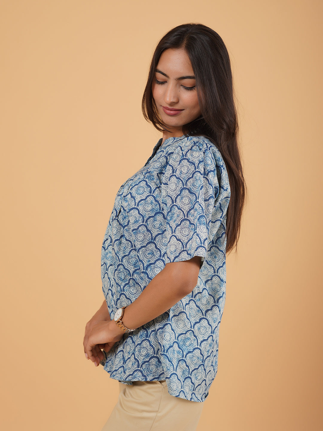 Light Blue Printed Flared Cotton Top