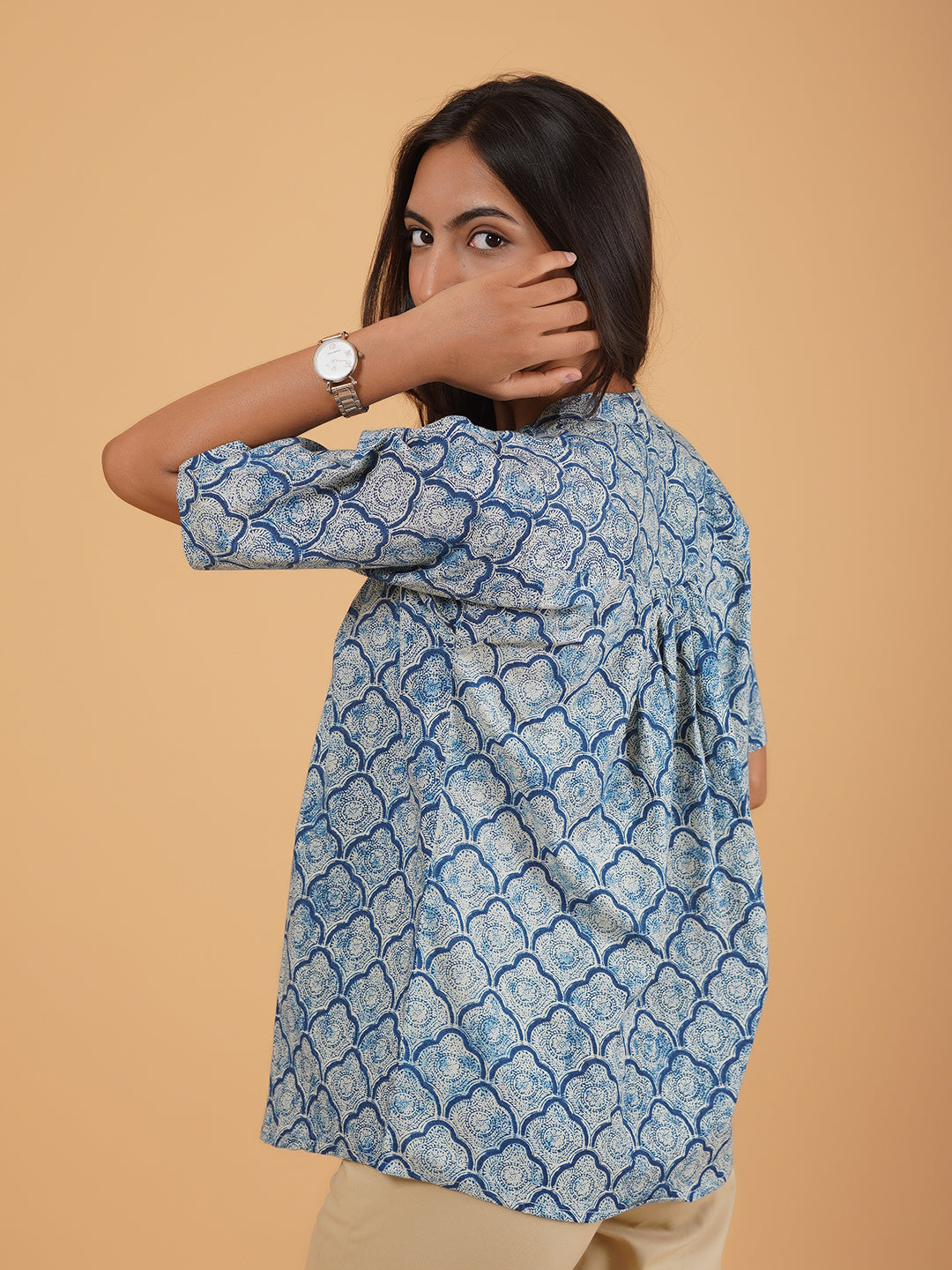 Light Blue Printed Flared Cotton Top