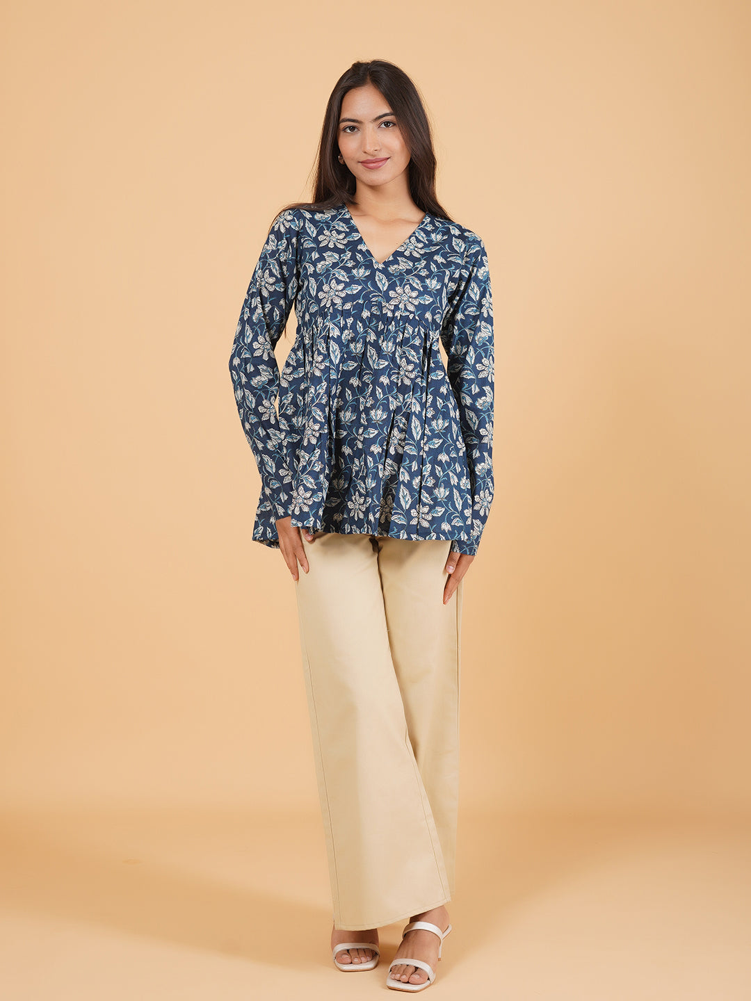 Blue Printed Full-Sleeve Alia-Cut Cotton Top