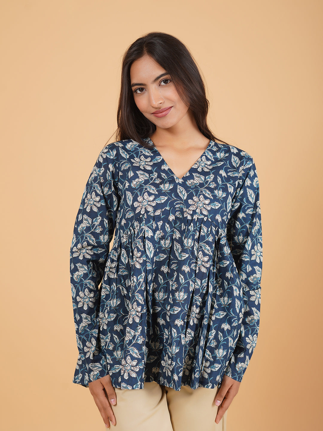 Blue Printed Full-Sleeve Alia-Cut Cotton Top