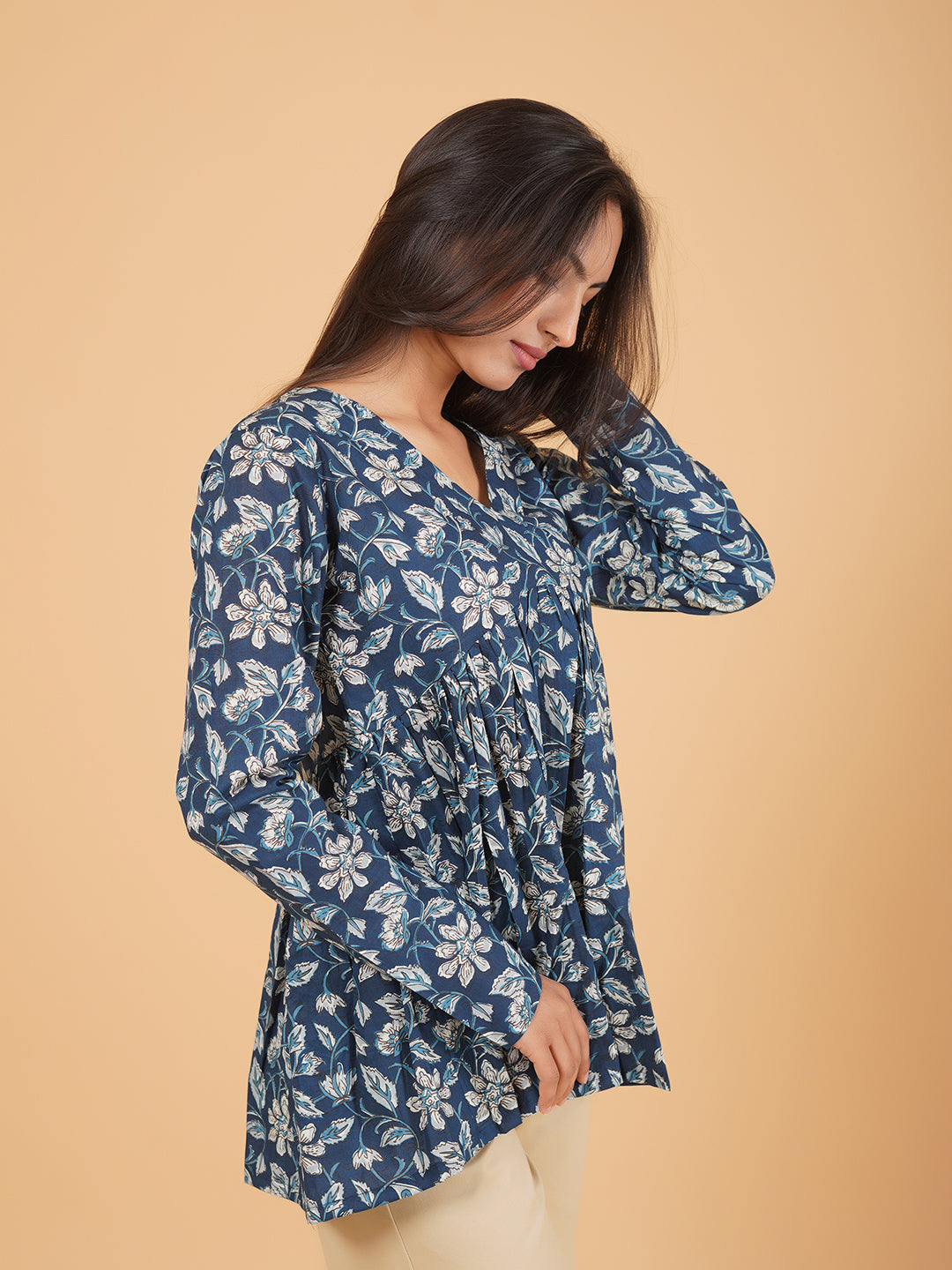 Blue Printed Full-Sleeve Alia-Cut Cotton Top