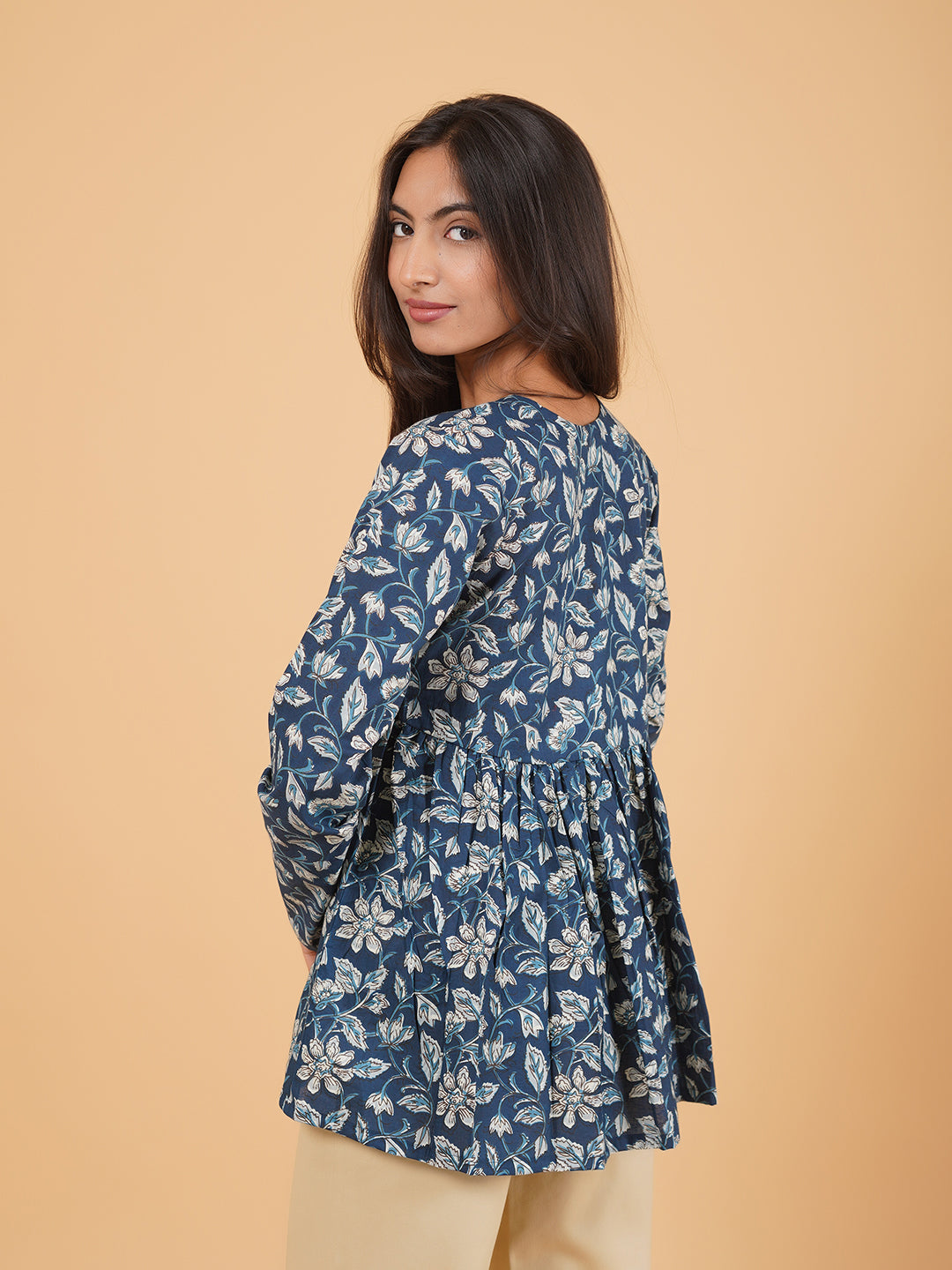 Blue Printed Full-Sleeve Alia-Cut Cotton Top
