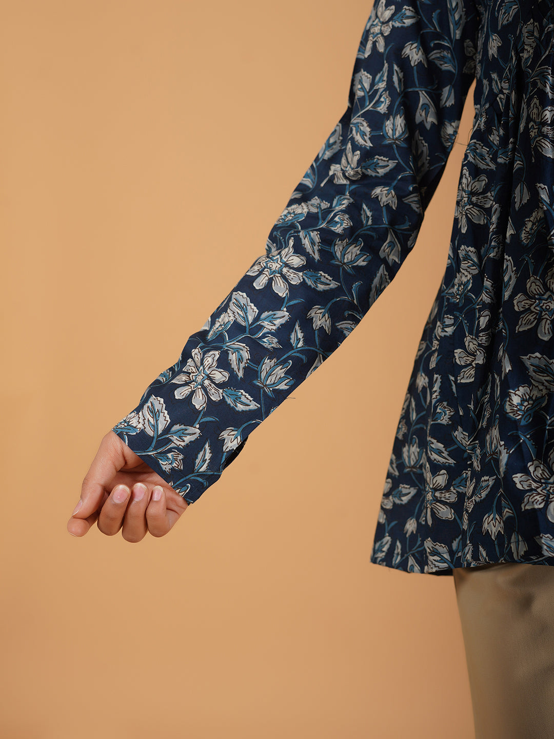 Blue Printed Full-Sleeve Alia-Cut Cotton Top