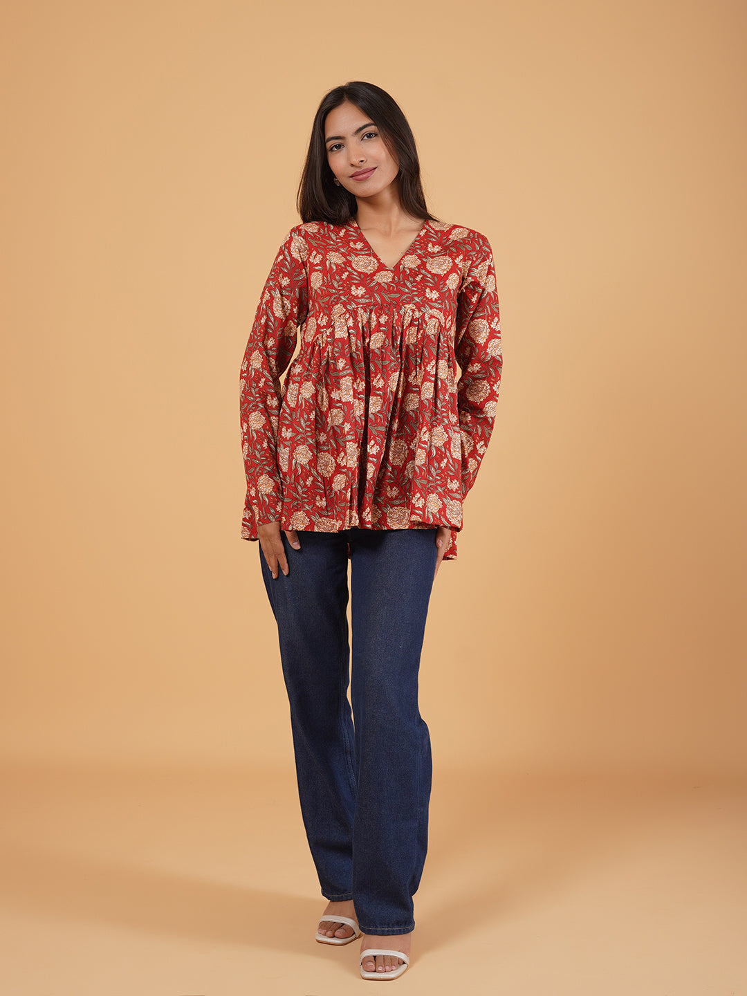 Maroon Printed Full-Sleeves Alia-Cut Cotton Top