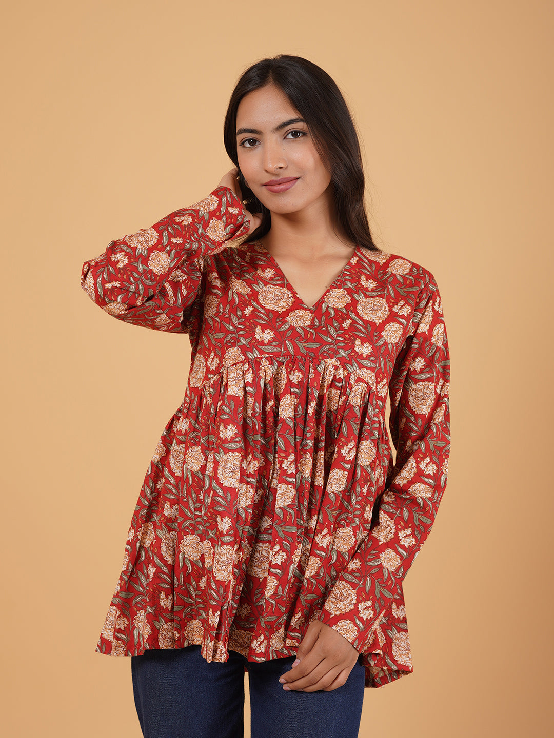 Maroon Printed Full-Sleeves Alia-Cut Cotton Top