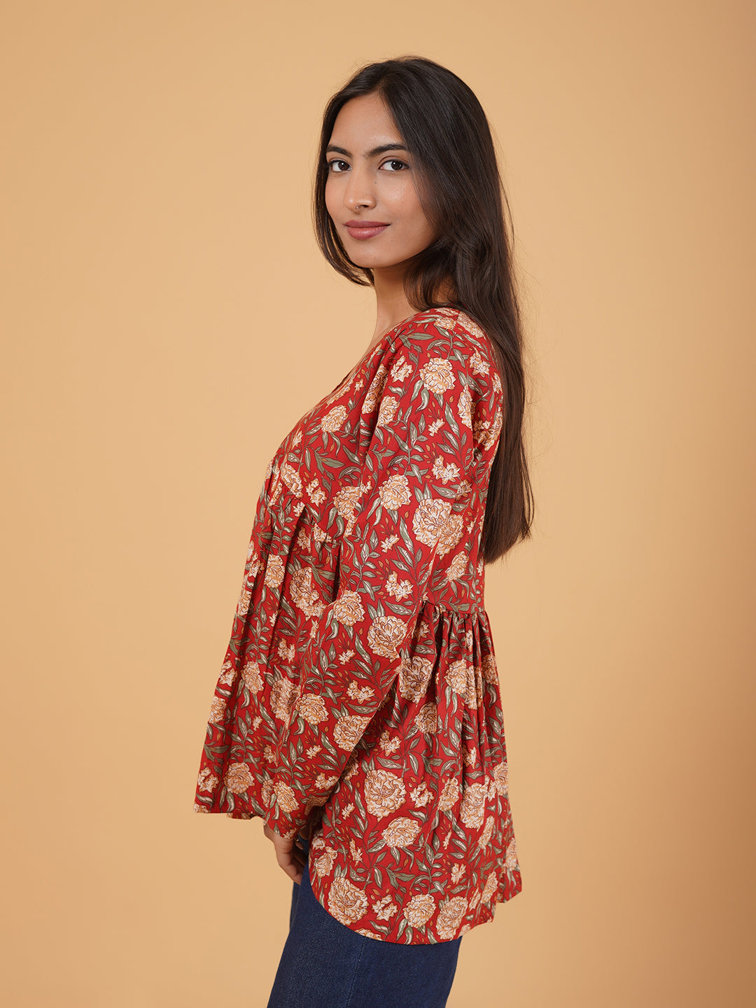 Maroon Printed Full-Sleeves Alia-Cut Cotton Top