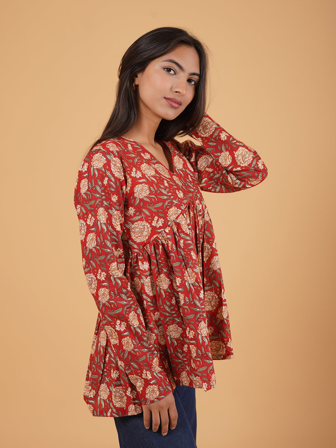 Maroon Printed Full-Sleeves Alia-Cut Cotton Top