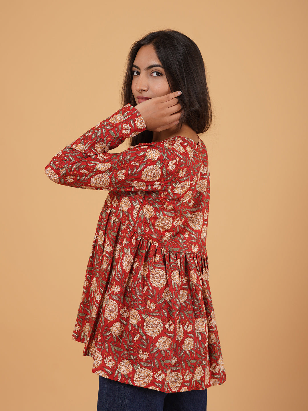 Maroon Printed Full-Sleeves Alia-Cut Cotton Top