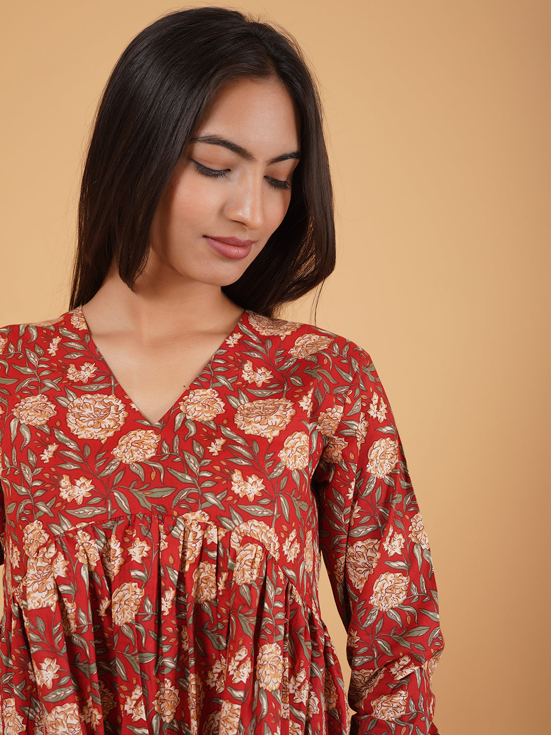 Maroon Printed Full-Sleeves Alia-Cut Cotton Top