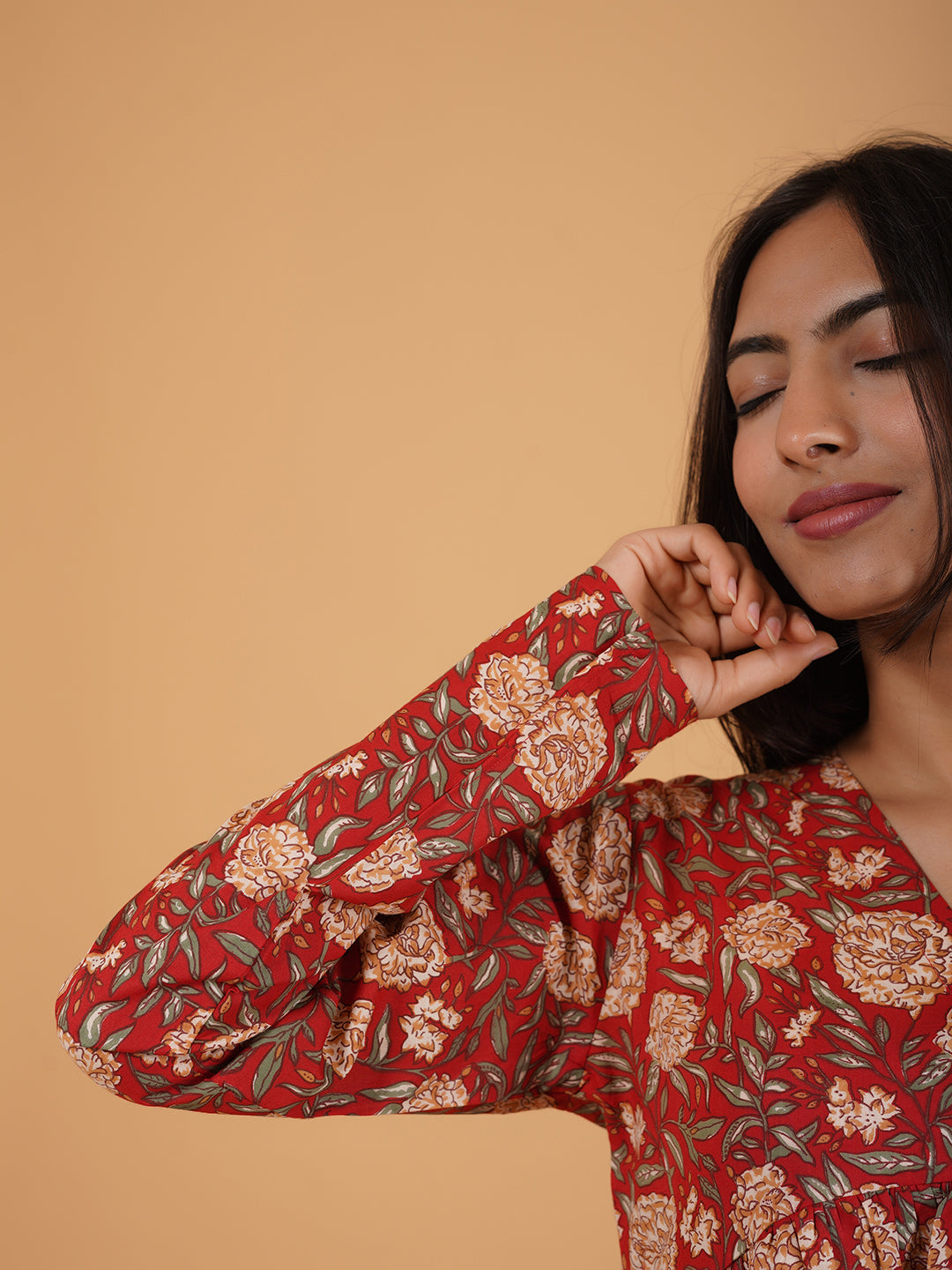 Maroon Printed Full-Sleeves Alia-Cut Cotton Top