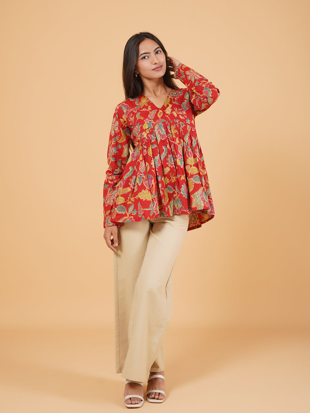 Red Printed Full-Sleeves Alia-Cut Cotton Top