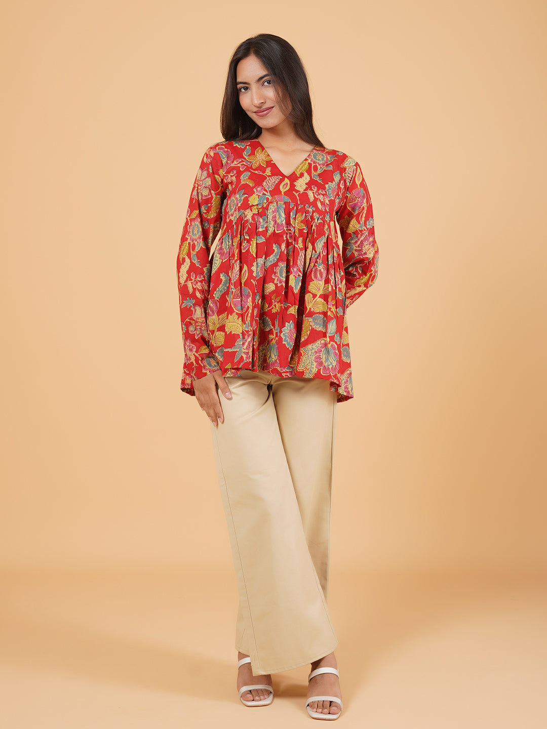 Red Printed Full-Sleeves Alia-Cut Cotton Top