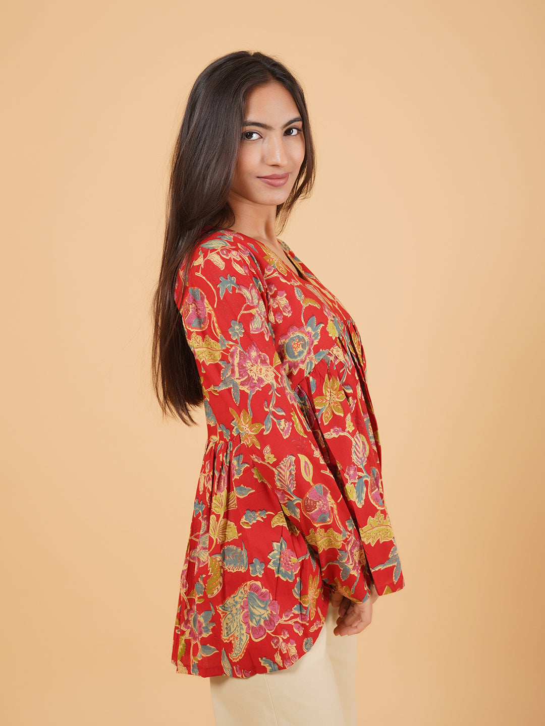Red Printed Full-Sleeves Alia-Cut Cotton Top