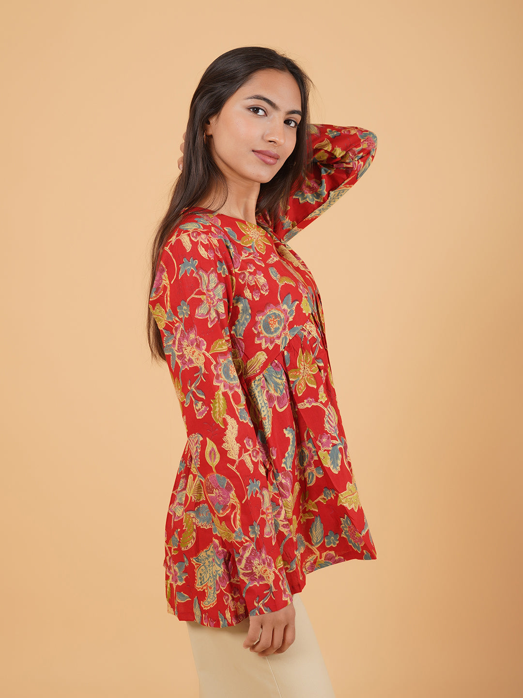 Red Printed Full-Sleeves Alia-Cut Cotton Top