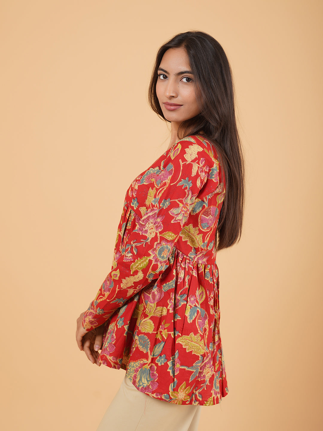 Red Printed Full-Sleeves Alia-Cut Cotton Top