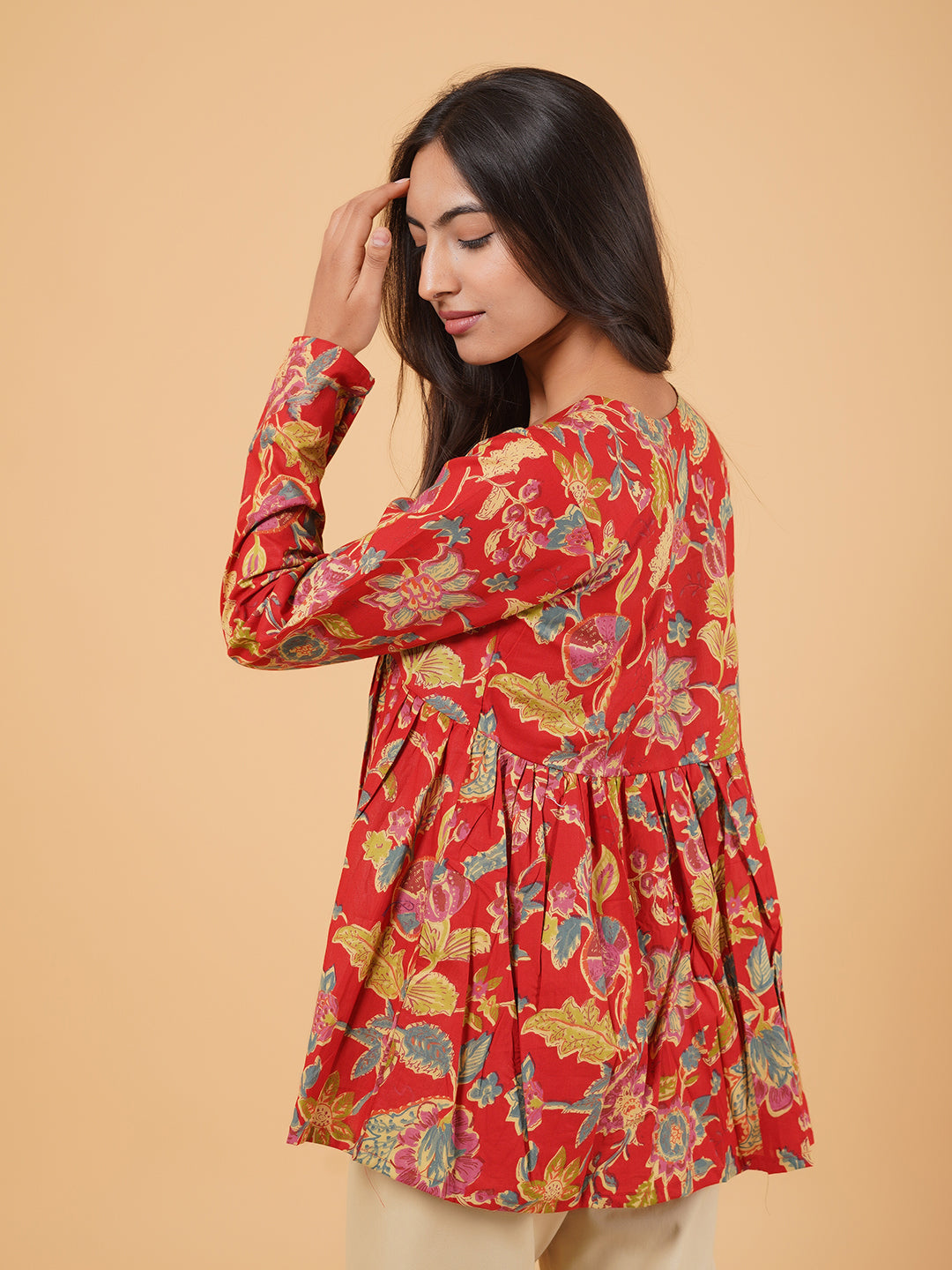Red Printed Full-Sleeves Alia-Cut Cotton Top