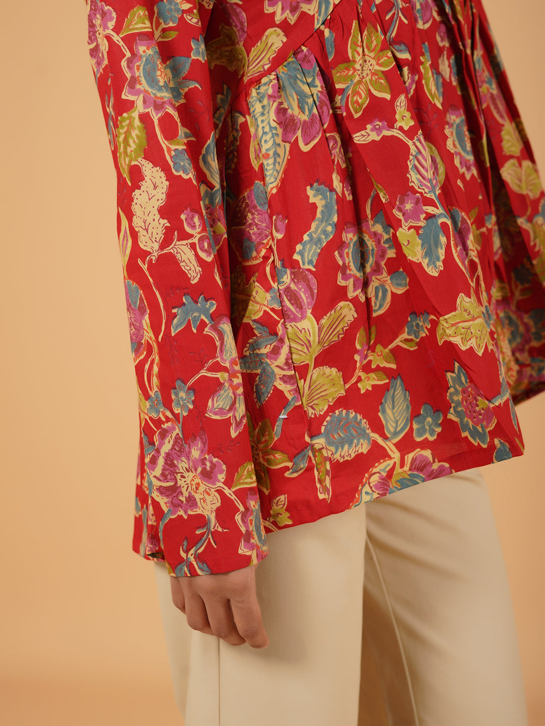 Red Printed Full-Sleeves Alia-Cut Cotton Top