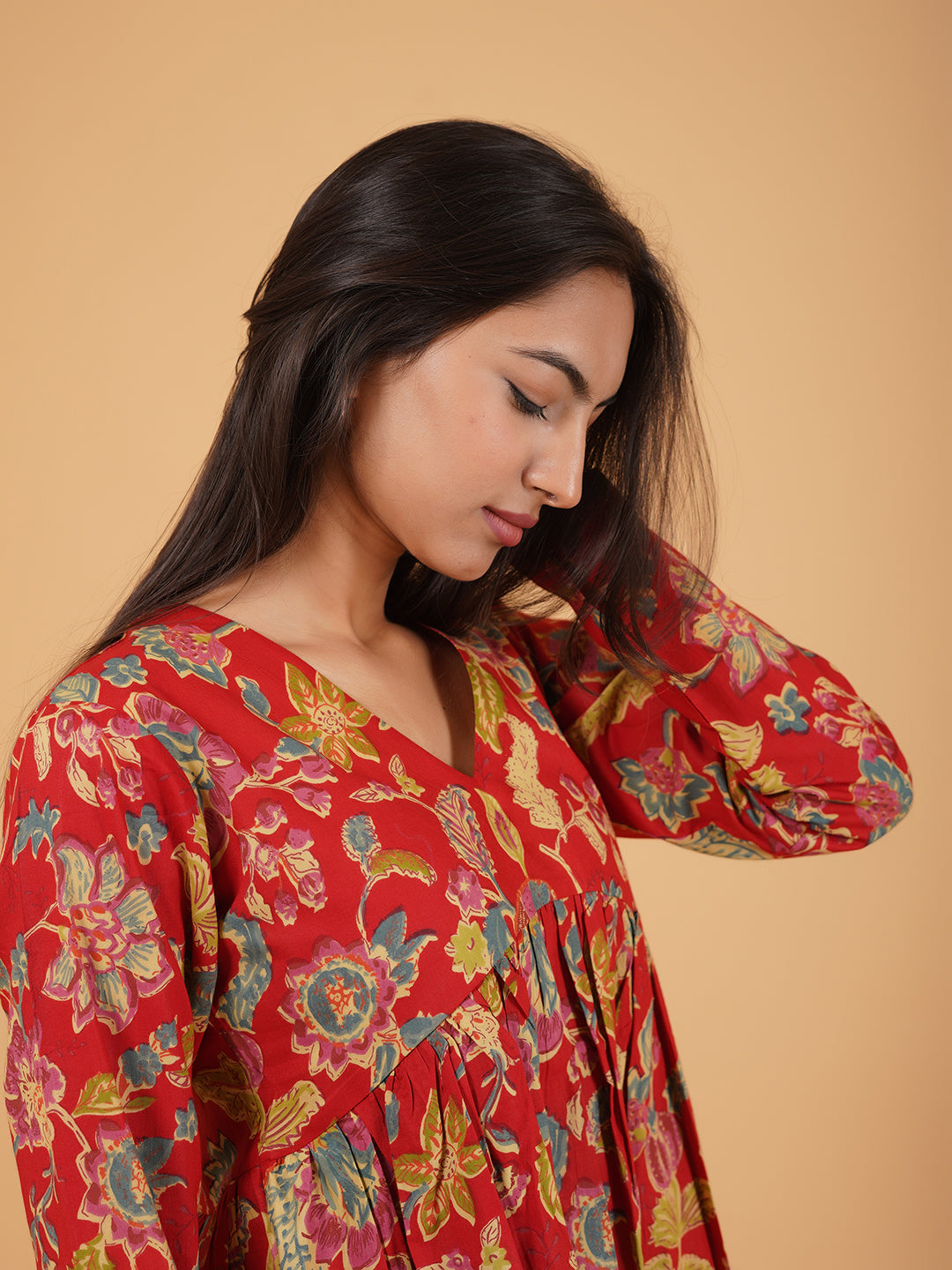 Red Printed Full-Sleeves Alia-Cut Cotton Top