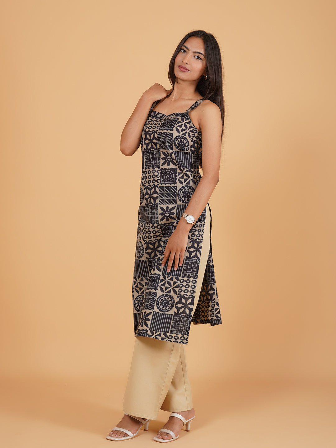 Dark Blue Printed Sleeveless Cotton Kurti