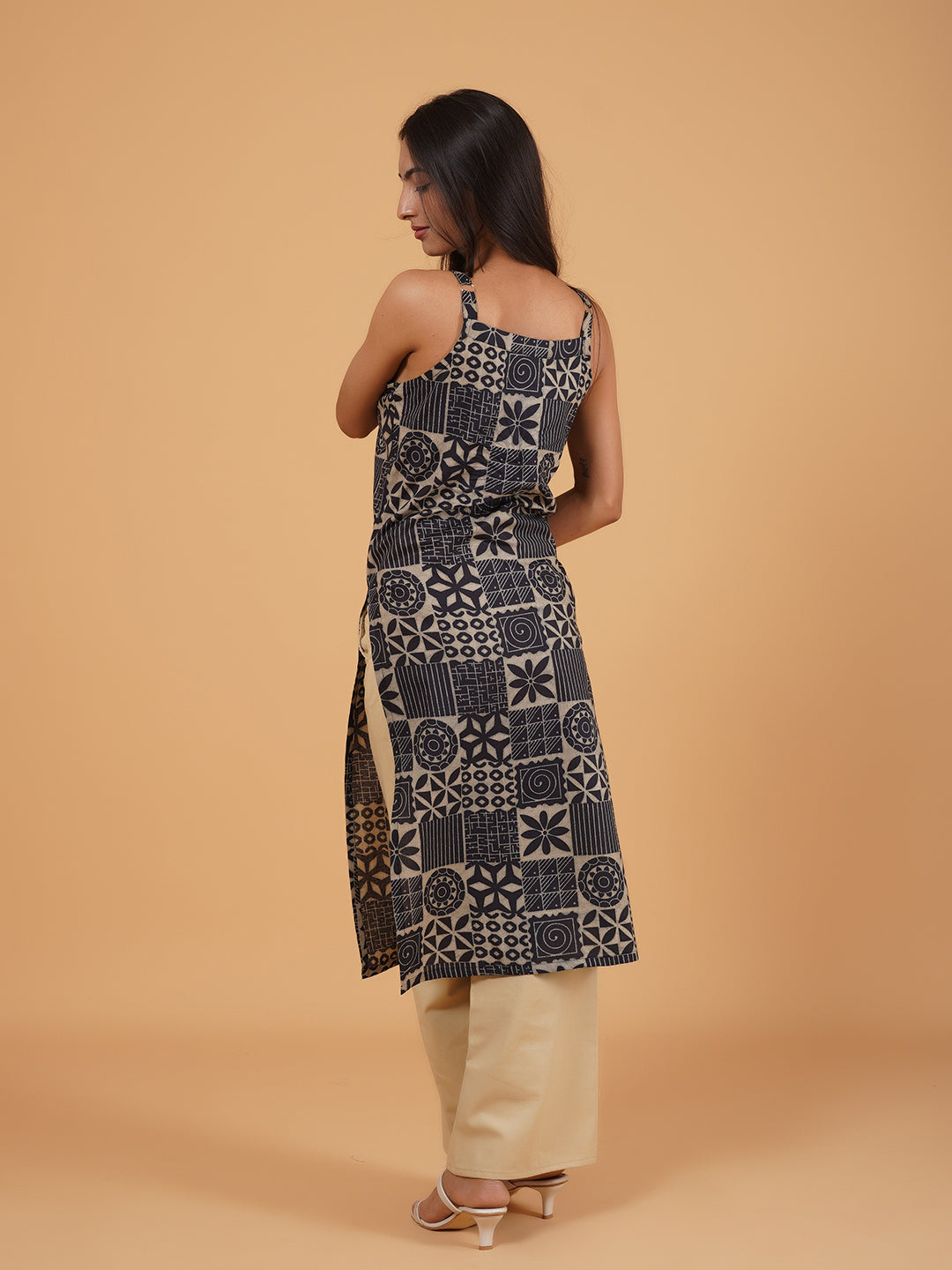 Dark Blue Printed Sleeveless Cotton Kurti