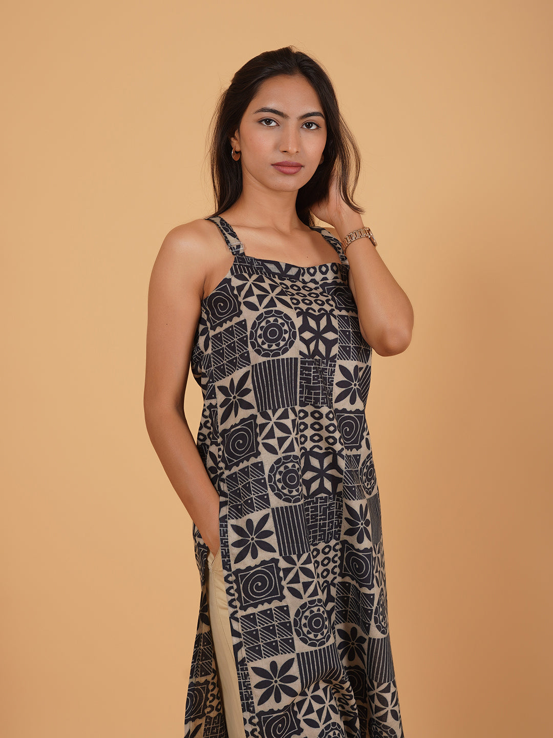 Dark Blue Printed Sleeveless Cotton Kurti