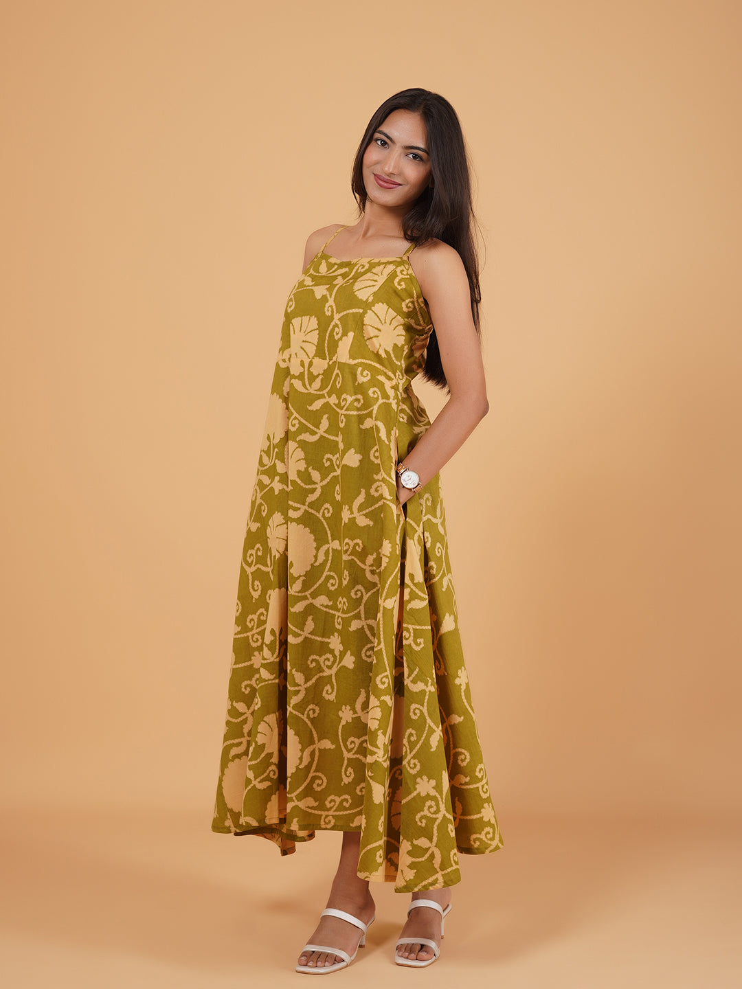 Green Printed Long Cotton Spaghetti Dress