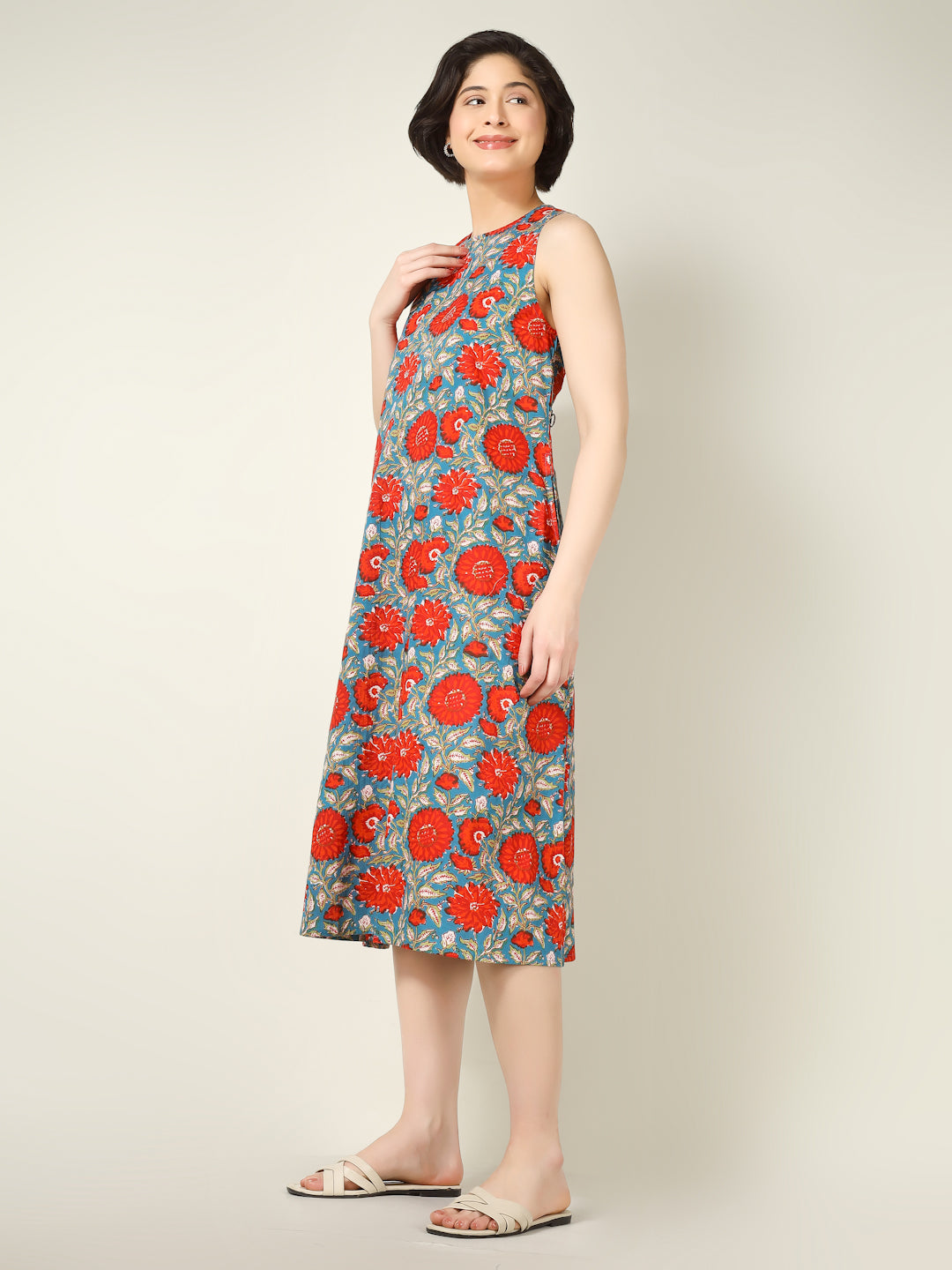 Blue Printed Sleeveless A-Line Cotton Dress