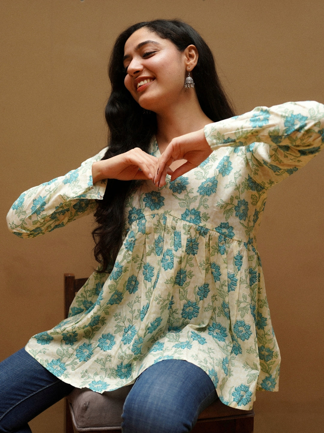 White Printed Full Sleeves Alia Cut Cotton Top