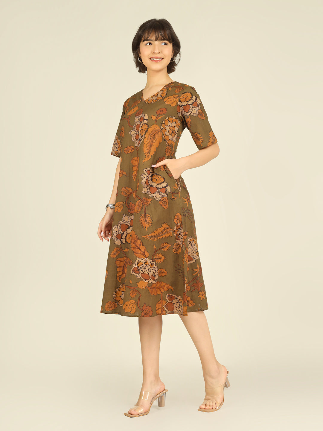 Olive Printed Half-Sleeve A-Line Cotton Dress