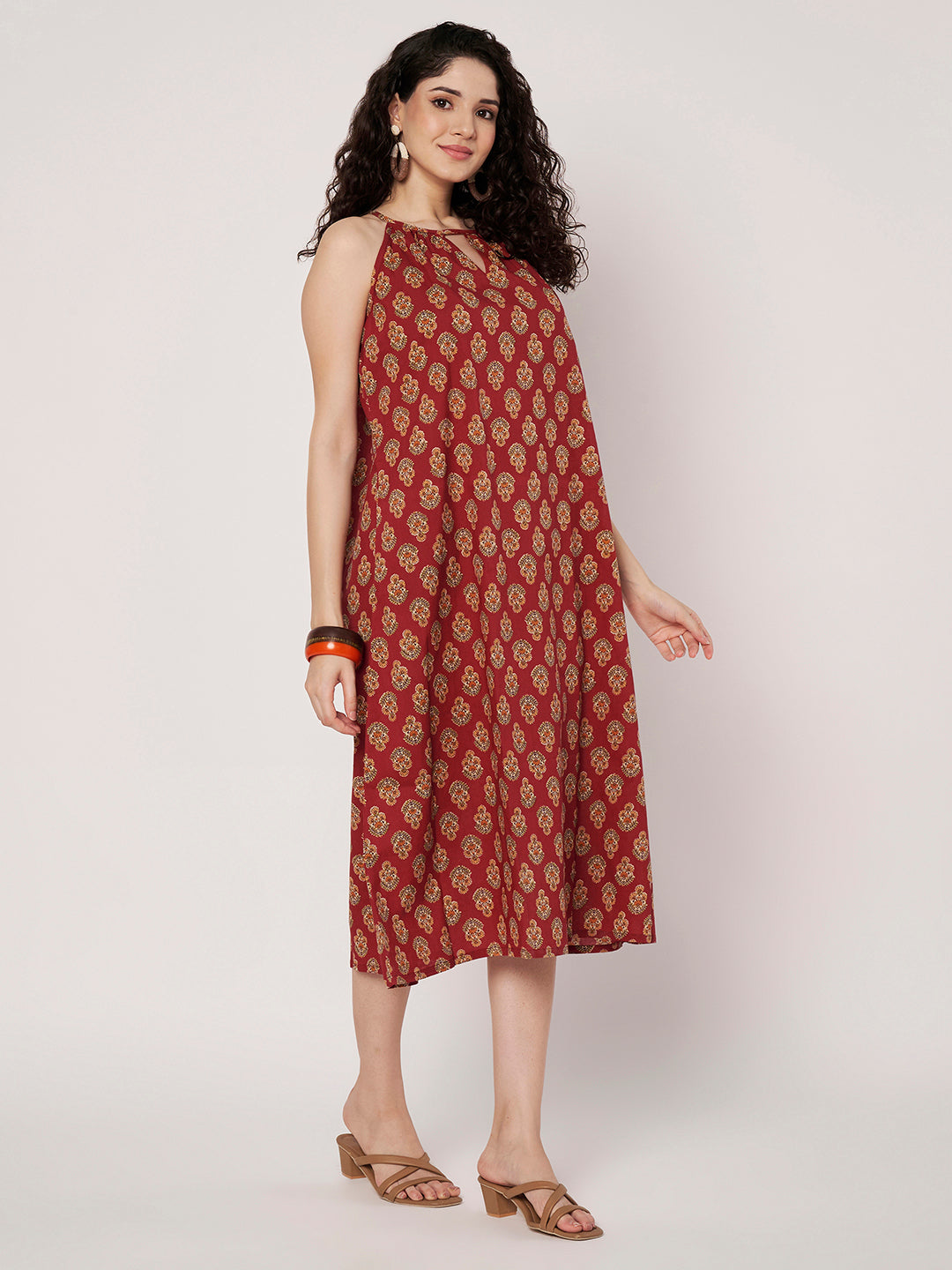 Maroon Printed Sleeveless A-Line Cotton Dress