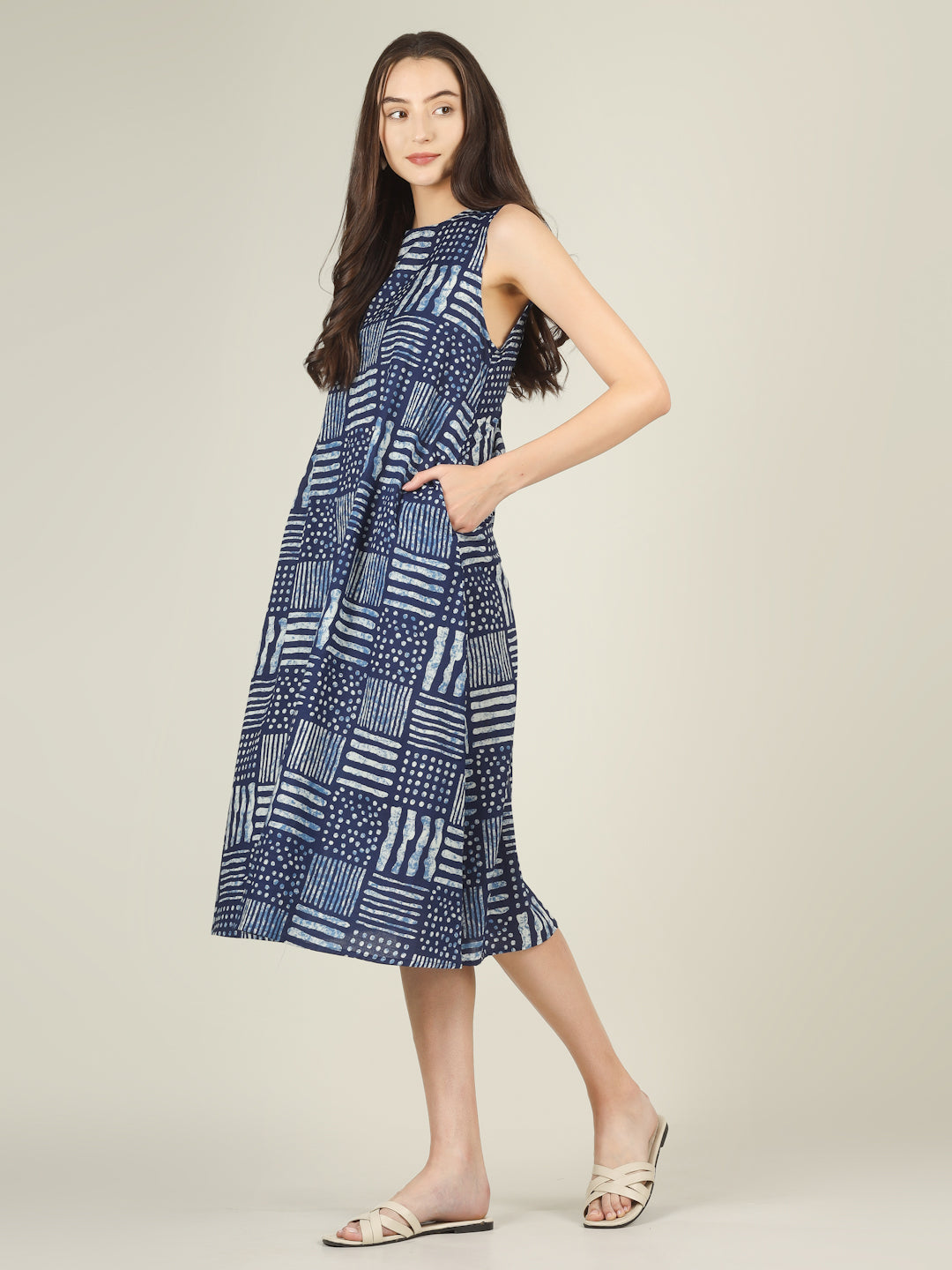 Blue Printed Sleeveless A-Line Cotton Dress