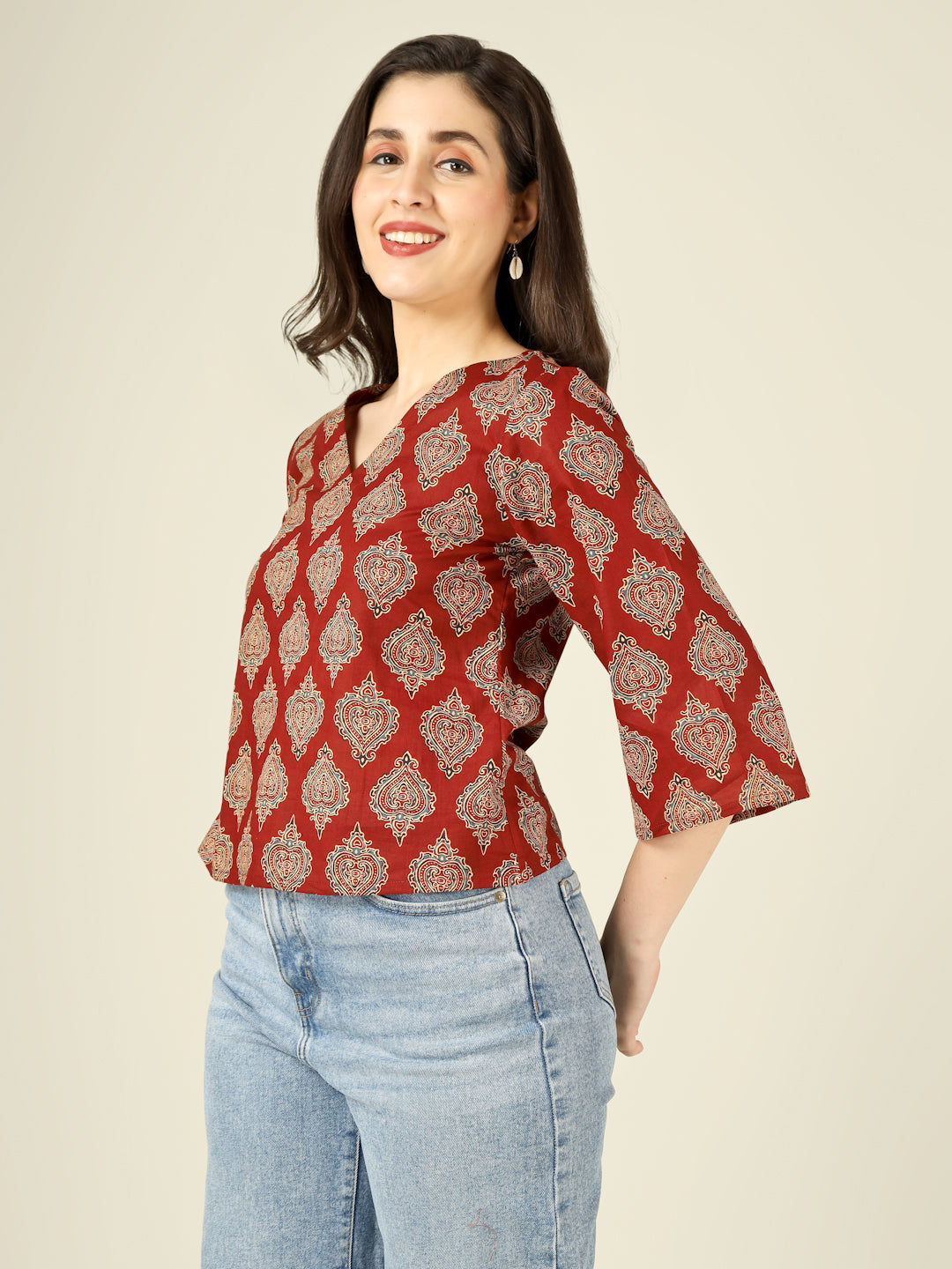 Maroon Printed Straight Bell-Sleeves Top