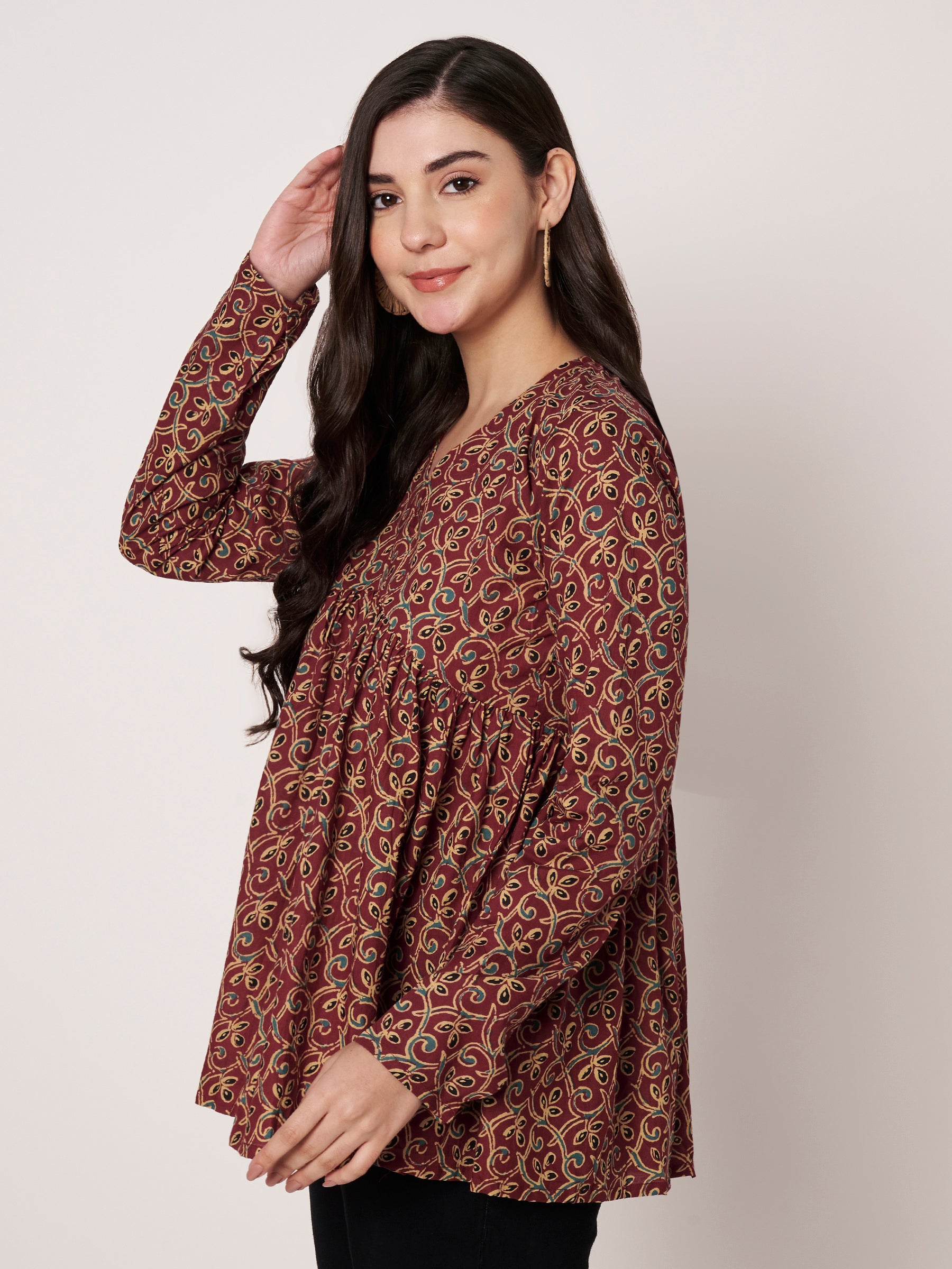 Maroon Printed Alia-Cut Cotton Top