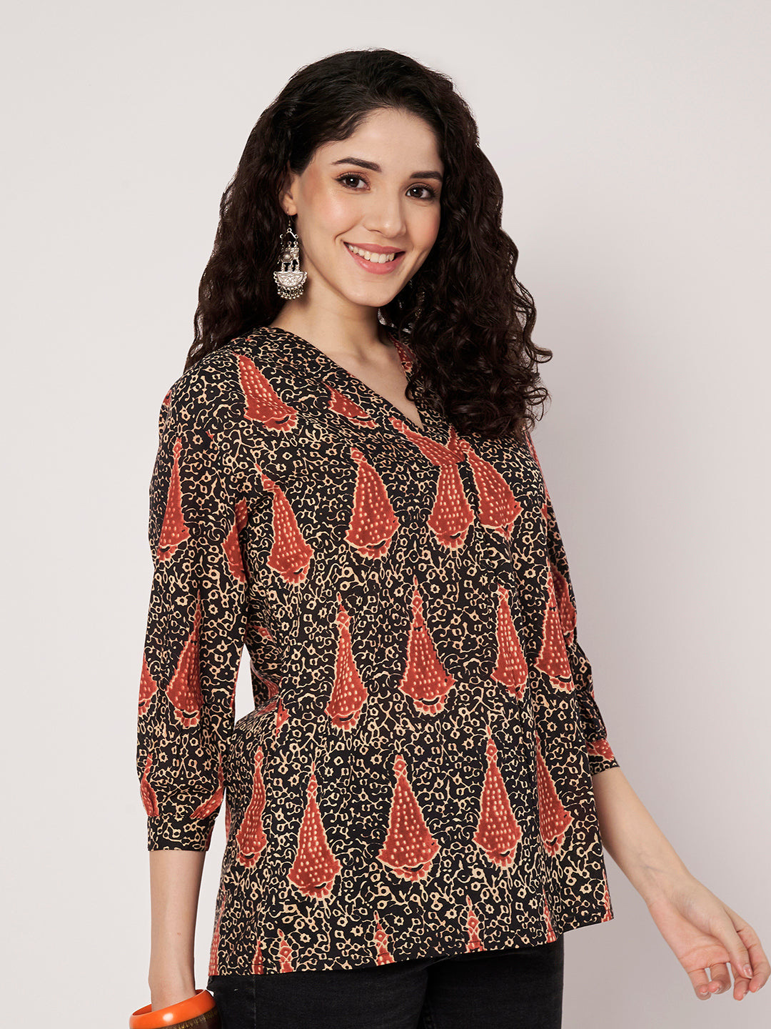 Black Printed V-Neck Cotton Top