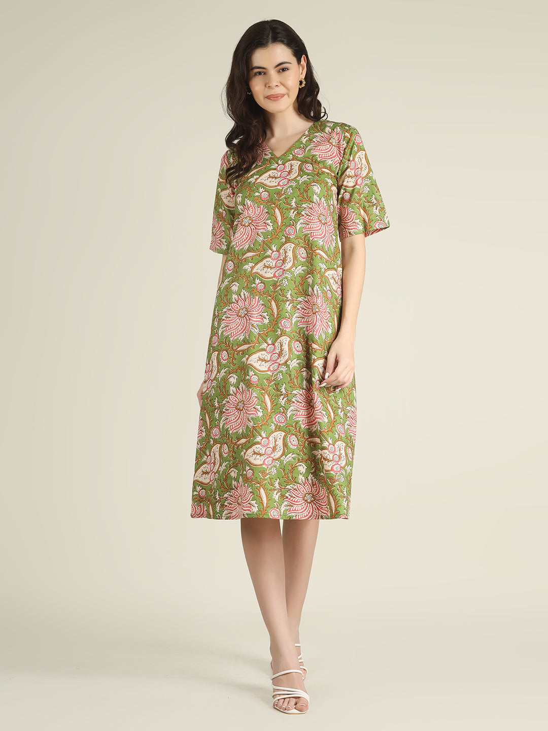 Green Printed Half-Sleeve A-Line Cotton Dress