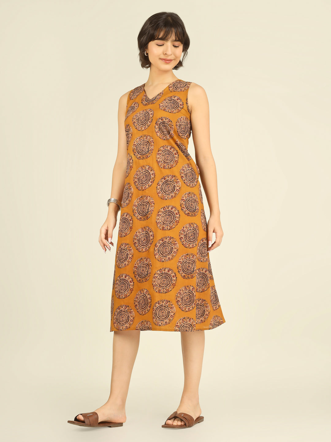 Mustard Printed V-Neck Sleeveless A-Line Cotton Dress
