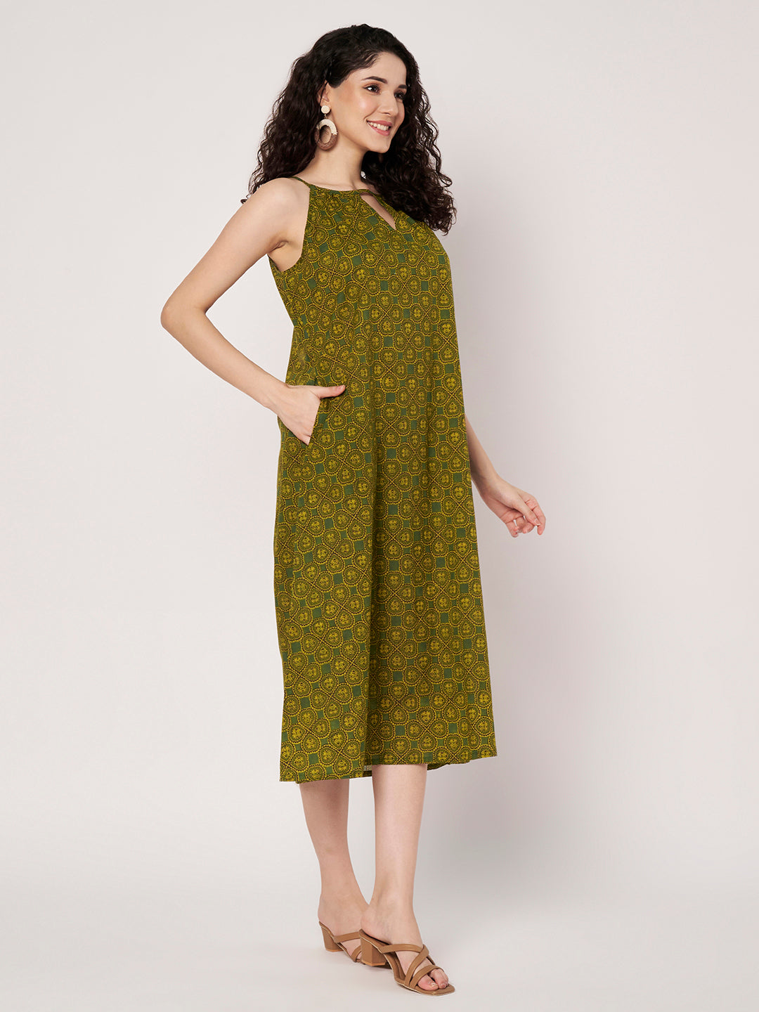 Green Printed Sleeveless A-Line Cotton Dress