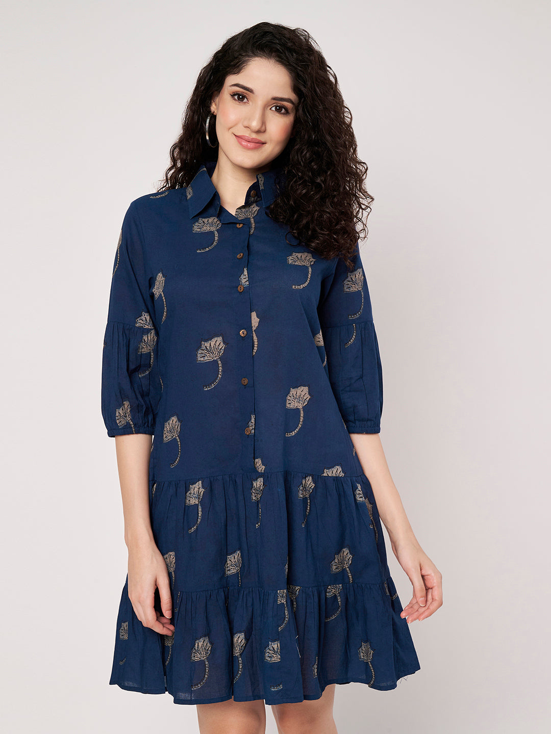 Navy Blue Printed Short Cotton Dress