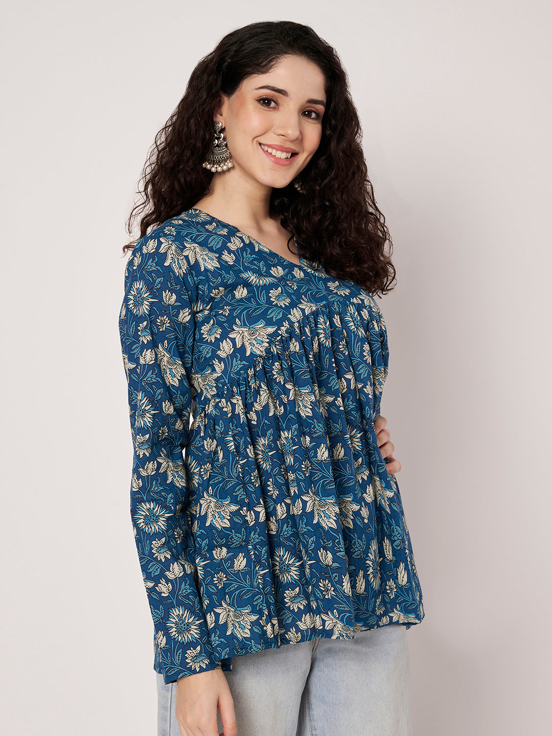 Blue Printed Alia-Cut Cotton Top