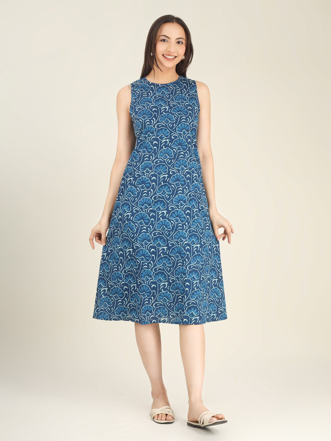 Blue Printed Sleeveless A-Line Cotton Dress