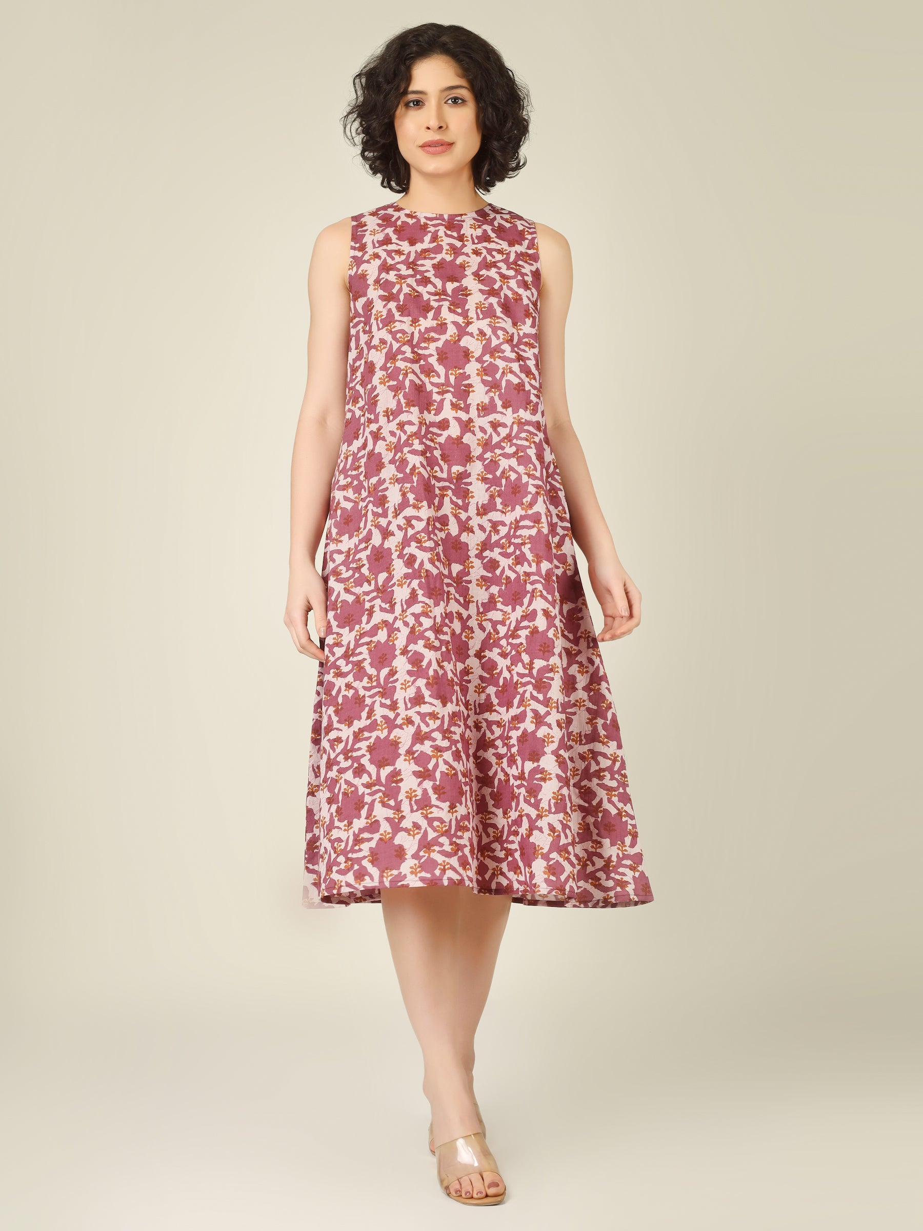 White Printed Sleeveless A-Line Cotton Dress