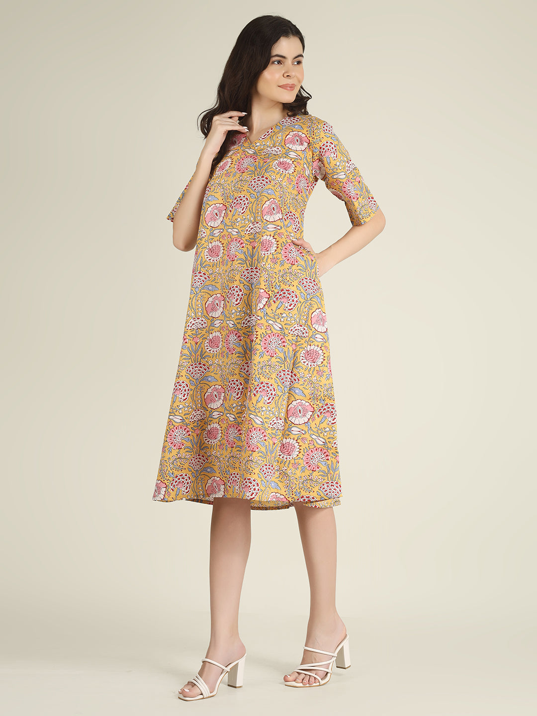 Yellow Printed Half-Sleeve A-Line Cotton Dress