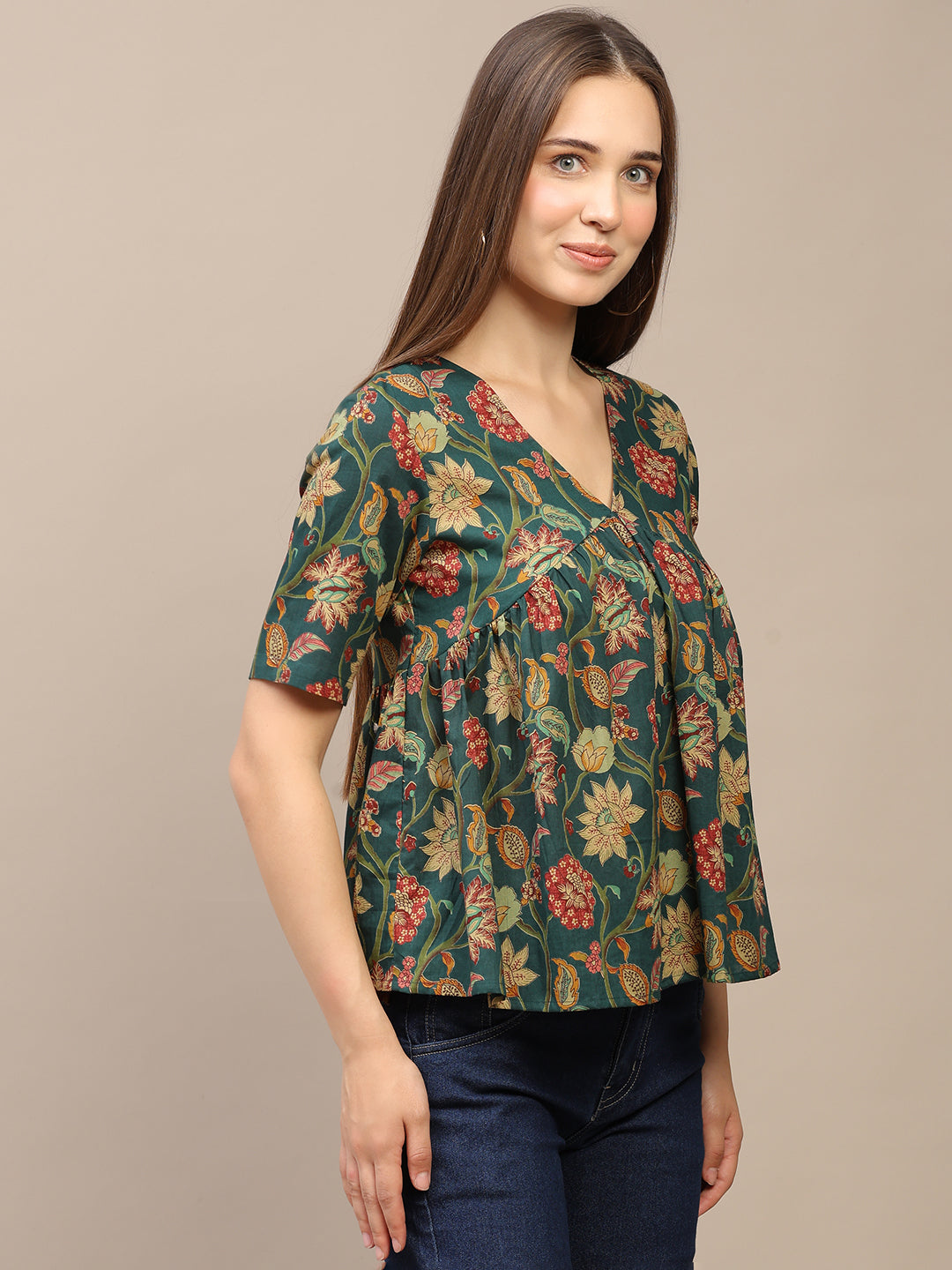 Green Printed Half-Sleeve Alia-Cut Cotton Top
