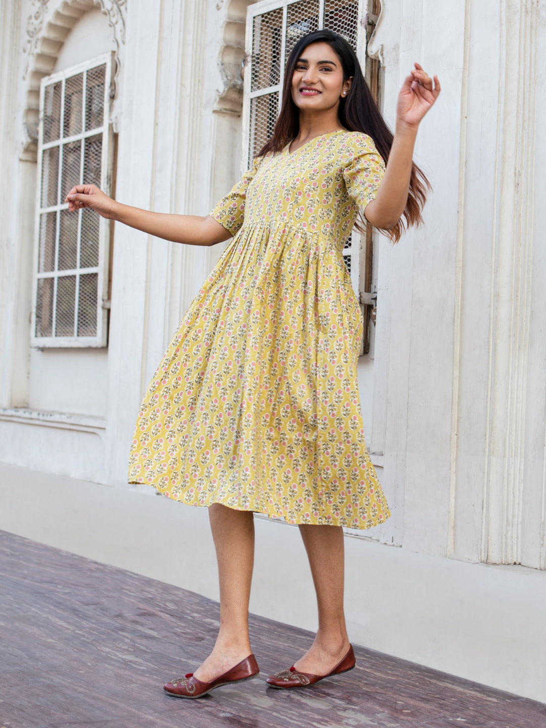 Yellow Printed Flared Cotton Dress