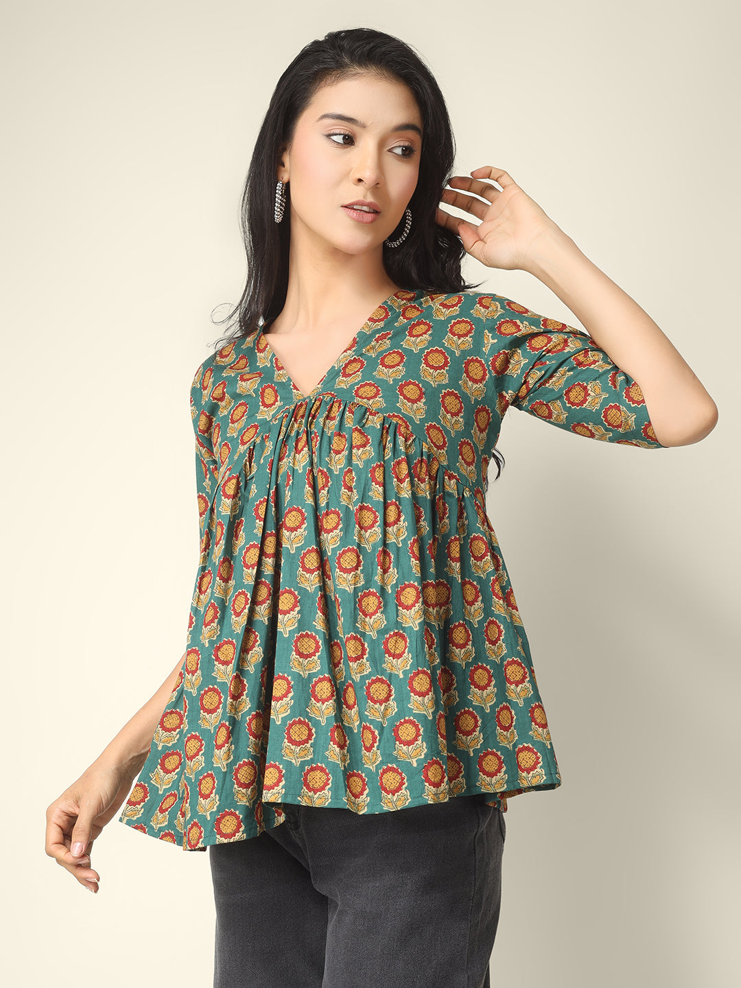 Green Printed Half-Sleeve Alia-Cut Cotton Peplum Top